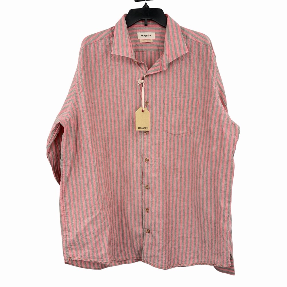 Borgo28 Shirt Mens 2XL Linen Cotton Blend Red Striped Made in‎ Italy Button Up